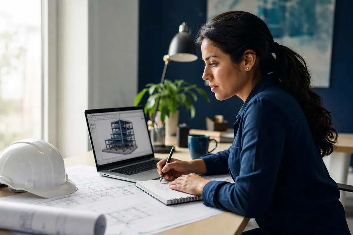 Escena ilustrativa de una ingeniera estudiando con planos y una laptop