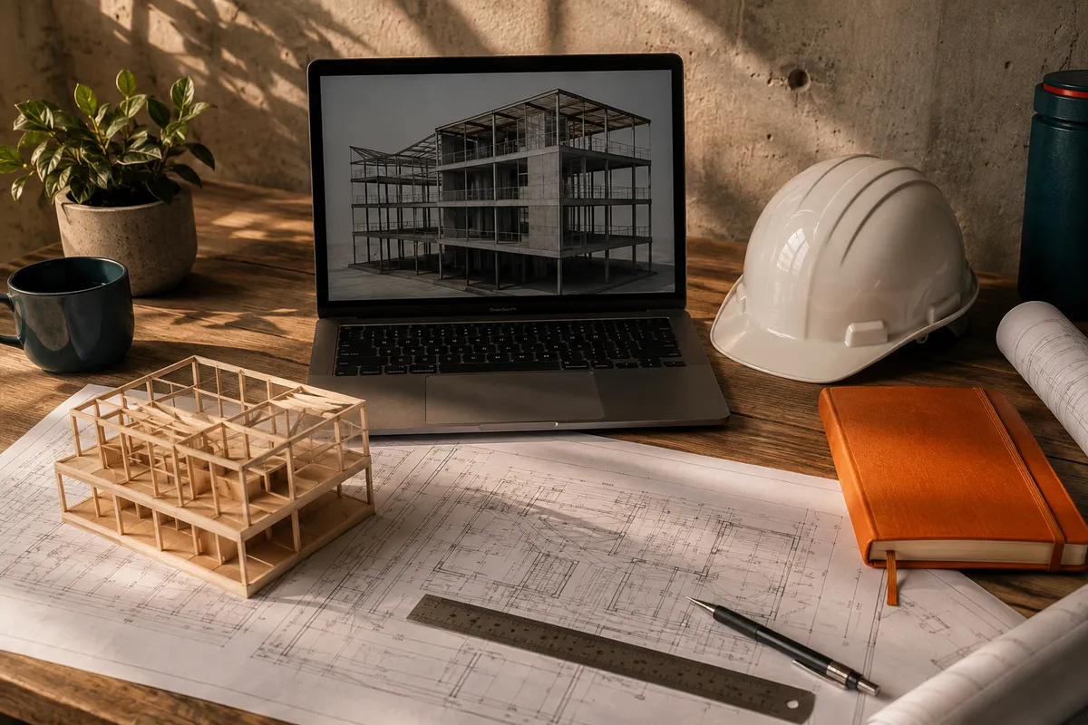 Escena ilustrativa de un espacio de estudio con planos, modelo de una estructura y laptop